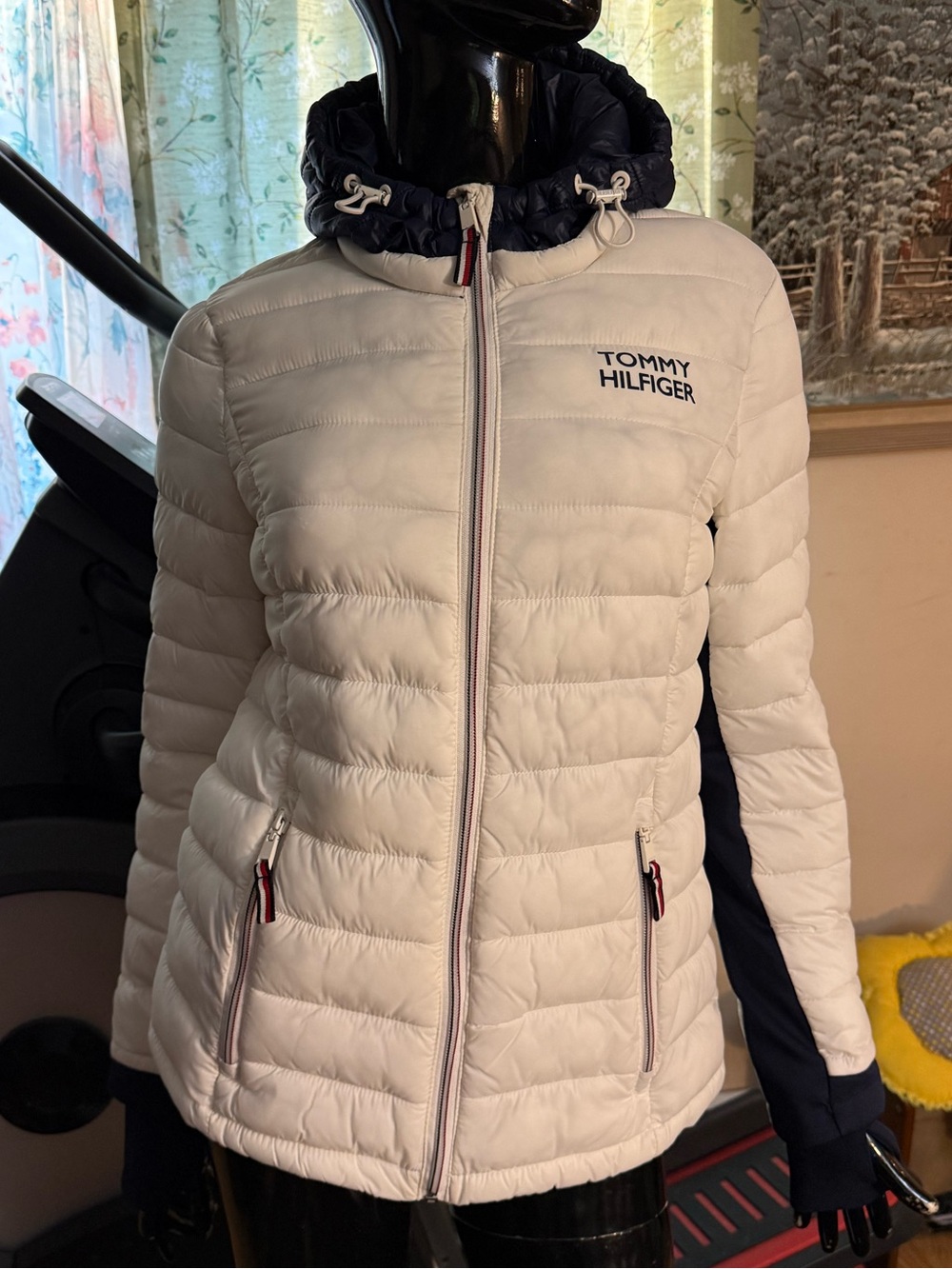 Tommy Hilfiger Navy and White Striped Quilted Sleeveless Vest